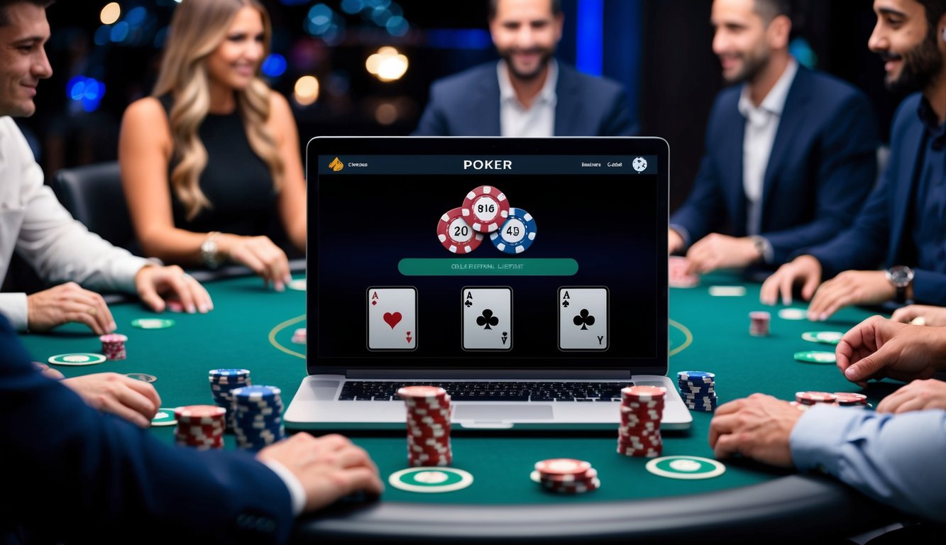 Sebuah meja dikelilingi oleh pemain dengan kartu dan chip, antarmuka digital yang menunjukkan platform poker online yang ramah pengguna