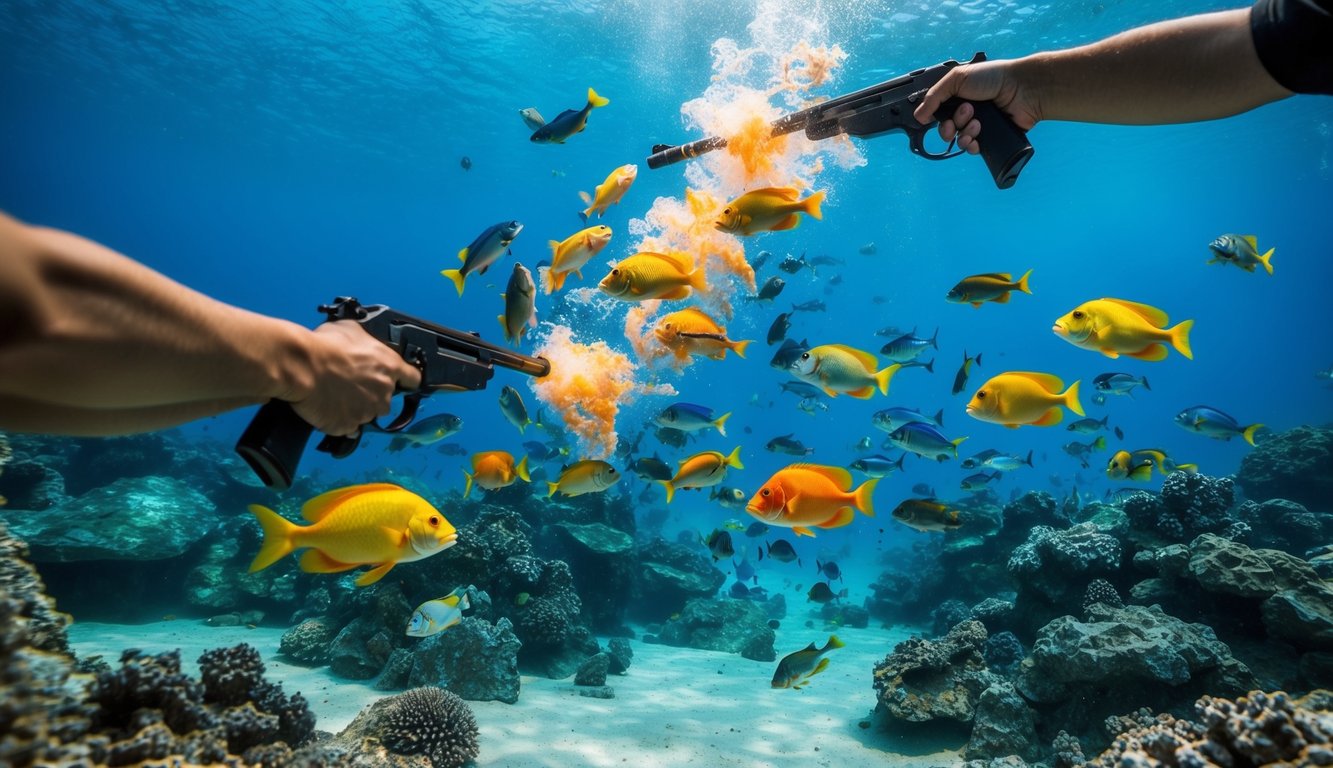 Pertarungan bawah laut yang kacau saat ikan berwarna-warni dan makhluk laut ditembak dengan berbagai senjata dalam permainan "Tembak Ikan."