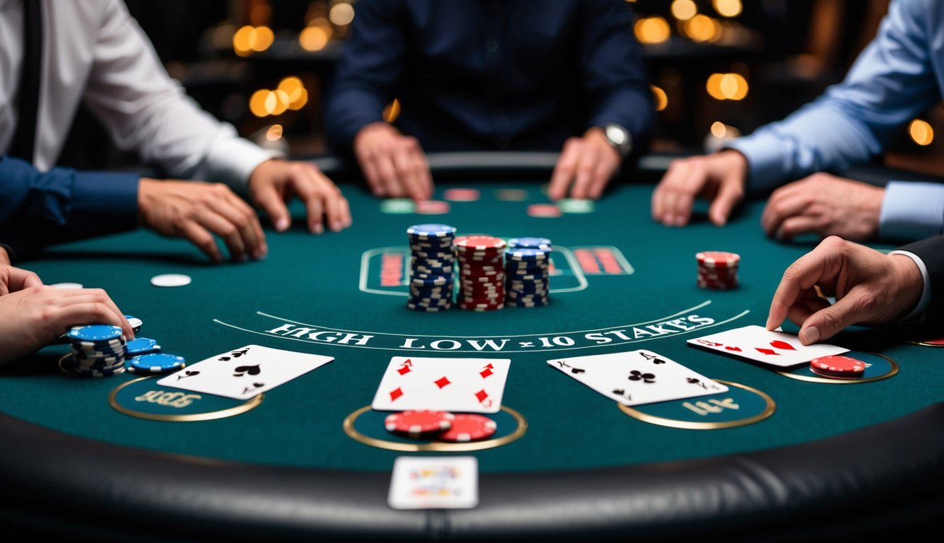 Meja poker dengan taruhan tinggi dan rendah, dikelilingi oleh pemain dan chip