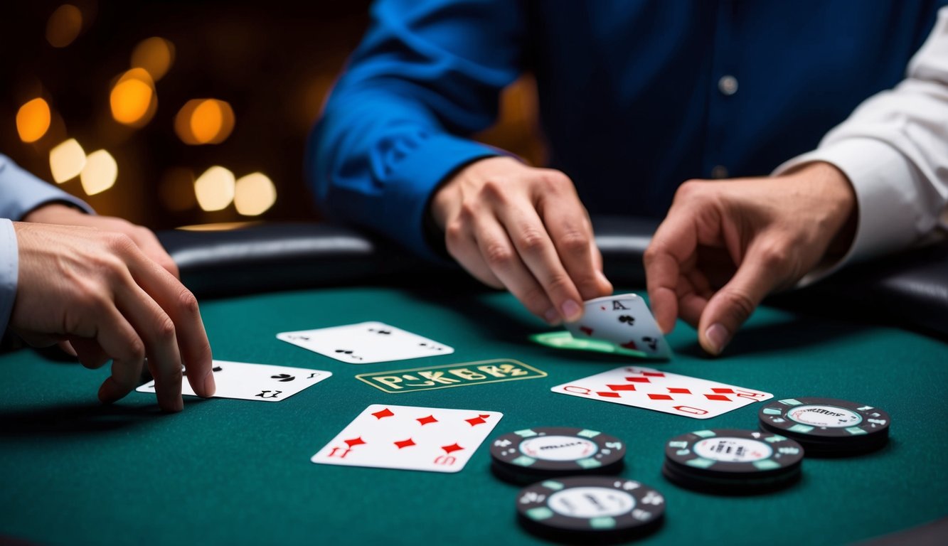 Sebuah meja poker digital dengan kartu virtual yang dibagikan dan pemain yang merencanakan strategi