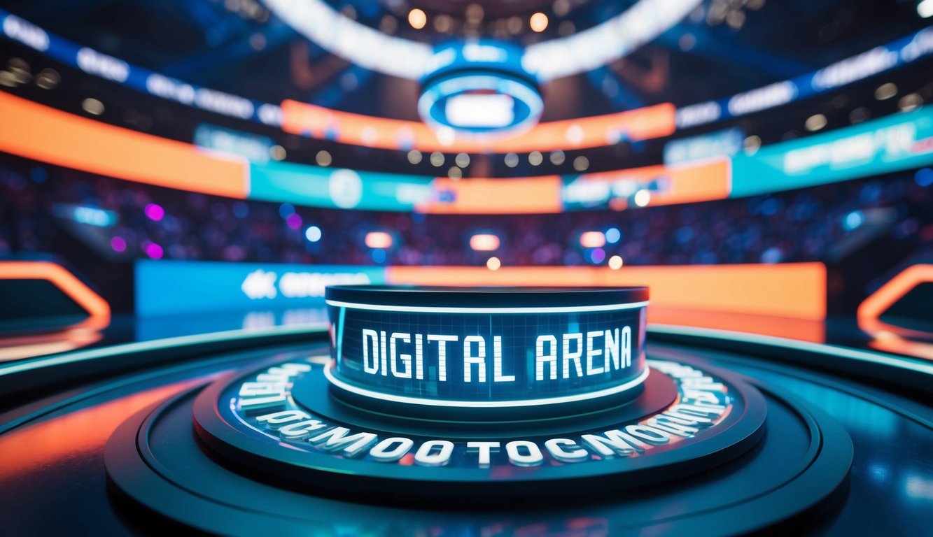 Sebuah arena digital yang hidup dengan elemen futuristik dan energi kompetitif