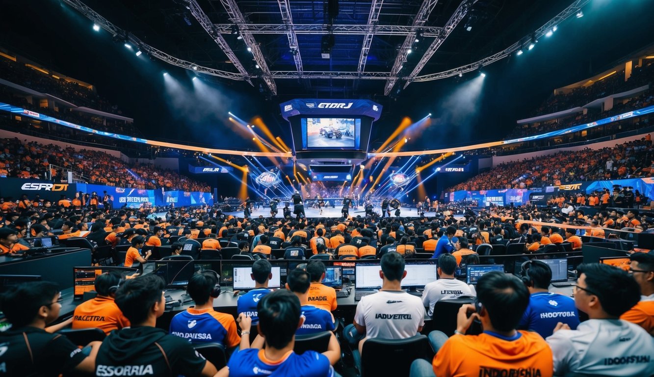 Sebuah arena esports yang ramai di Indonesia dengan aksi permainan yang intens dan penonton yang antusias