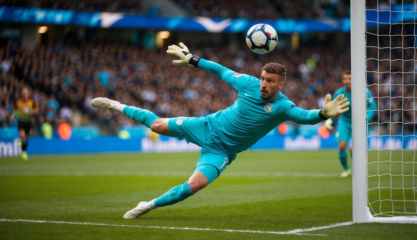 Sebuah bola sepak meluncur ke gawang dengan seorang kiper terjun untuk melakukan penyelamatan