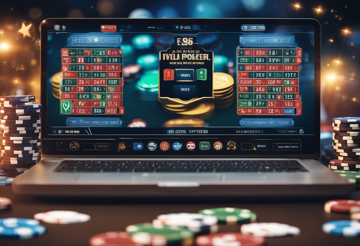 A computer screen displaying a virtual poker table, with chips and cards, surrounded by a group of diverse avatars, representing the growth of online poker in the USA during 2025