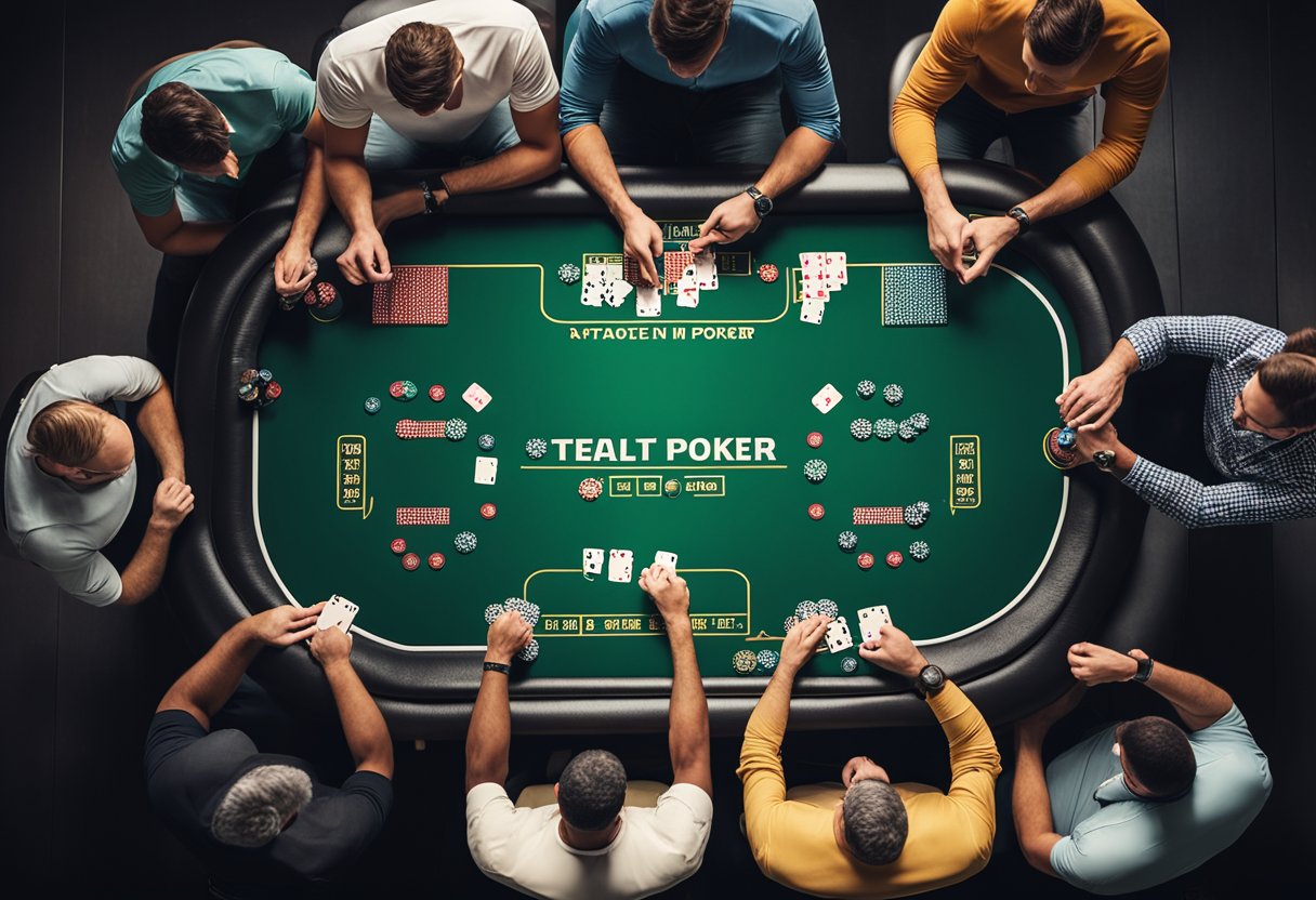 A digital poker table surrounded by players from different states, all connected through their devices, with a graph showing the steady growth of online poker in the USA during 2025