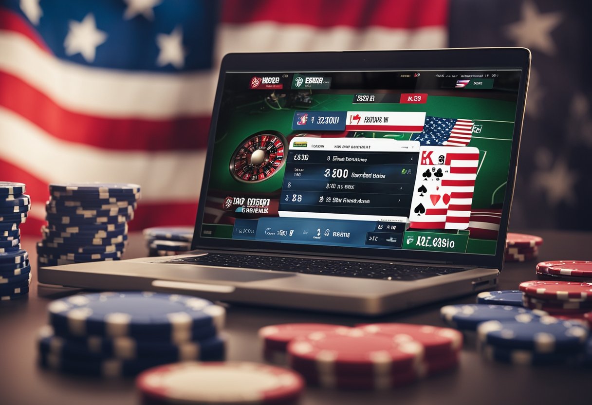 A bustling online poker website with a backdrop of the American flag and a digital countdown to the next major tournament