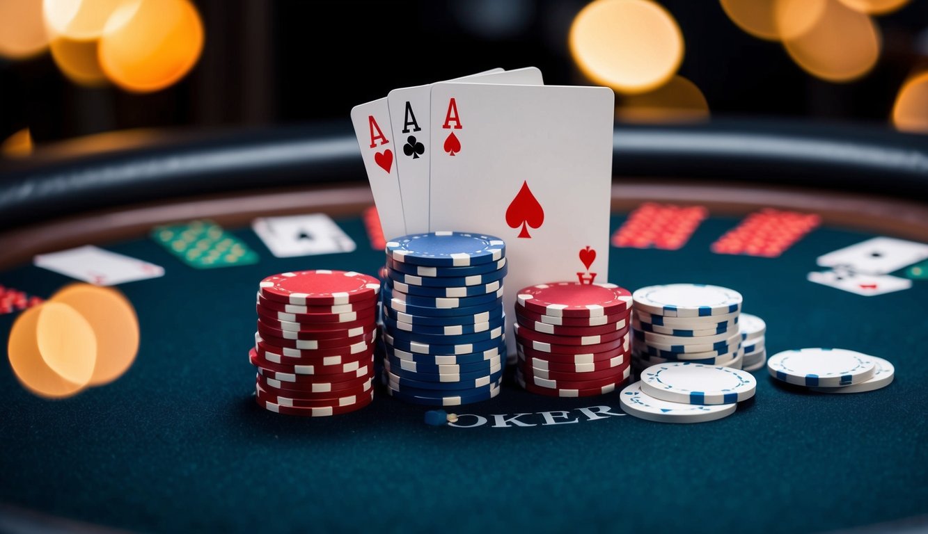 Sebuah meja poker dengan tangan kartu yang menang dan tumpukan chip poker