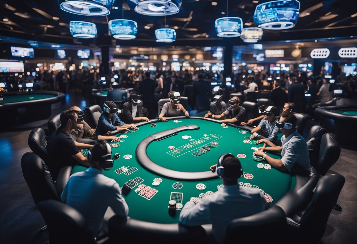 A futuristic online poker table with virtual reality headsets and advanced digital interfaces, surrounded by a bustling crowd of players from all over the USA