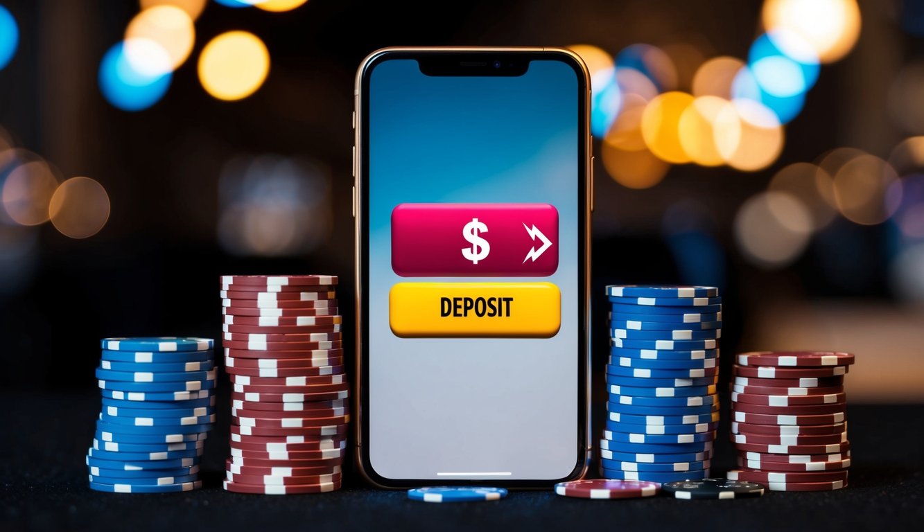 Sebuah smartphone dengan layar yang bersinar, dikelilingi oleh tumpukan chip poker dan tombol deposit yang berdenyut