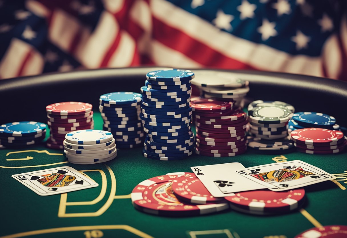 A bustling virtual poker table with various digital avatars, surrounded by logos of top online poker companies, against a backdrop of the American flag