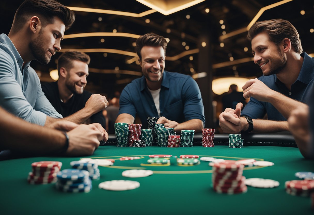 A group of people gathered around their devices, playing online poker in the USA. The virtual poker table is filled with colorful chips and cards, while the players engage in intense gameplay