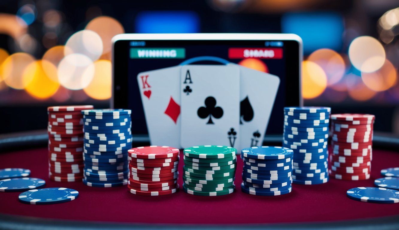 Sekelompok chip poker virtual dan kartu yang diatur di atas meja digital, dengan tangan pemenang ditampilkan di layar