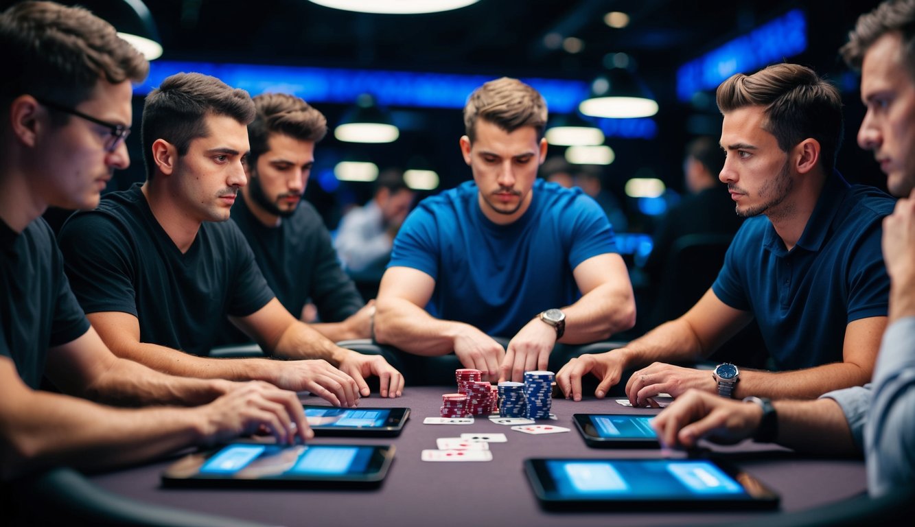 Sekelompok pemain poker yang sedang merencanakan strategi secara online, dikelilingi oleh perangkat digital dan kartu, dengan fokus dan tekad yang intens.