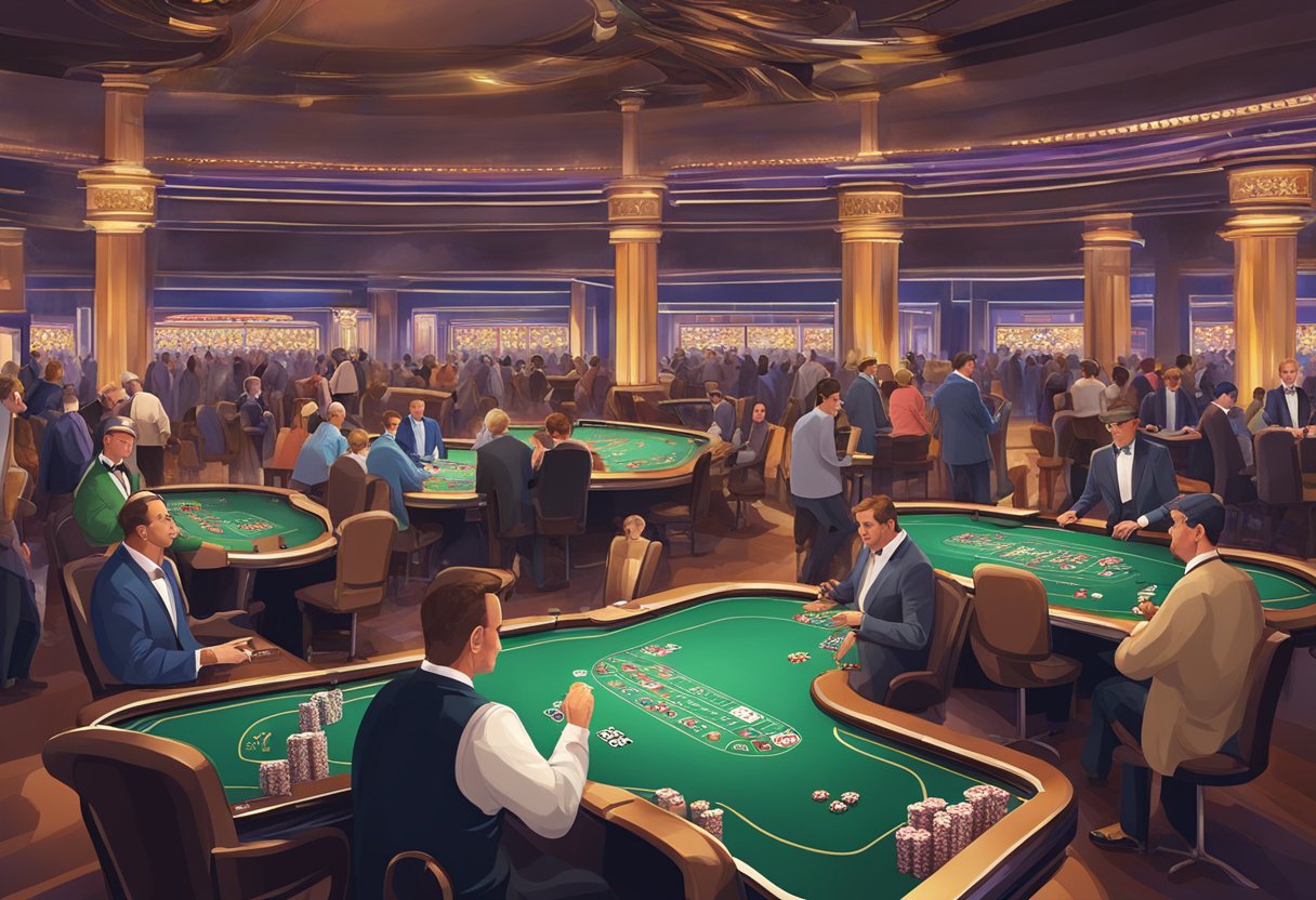 A bustling casino floor with high-stakes poker tables, surrounded by eager spectators and glittering tournament prizes on display