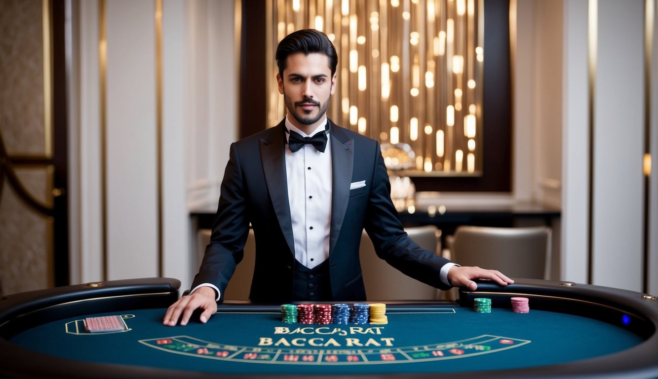 Sebuah platform baccarat online yang ramping dengan dealer langsung, diatur di latar belakang yang canggih dengan dekorasi kasino yang elegan