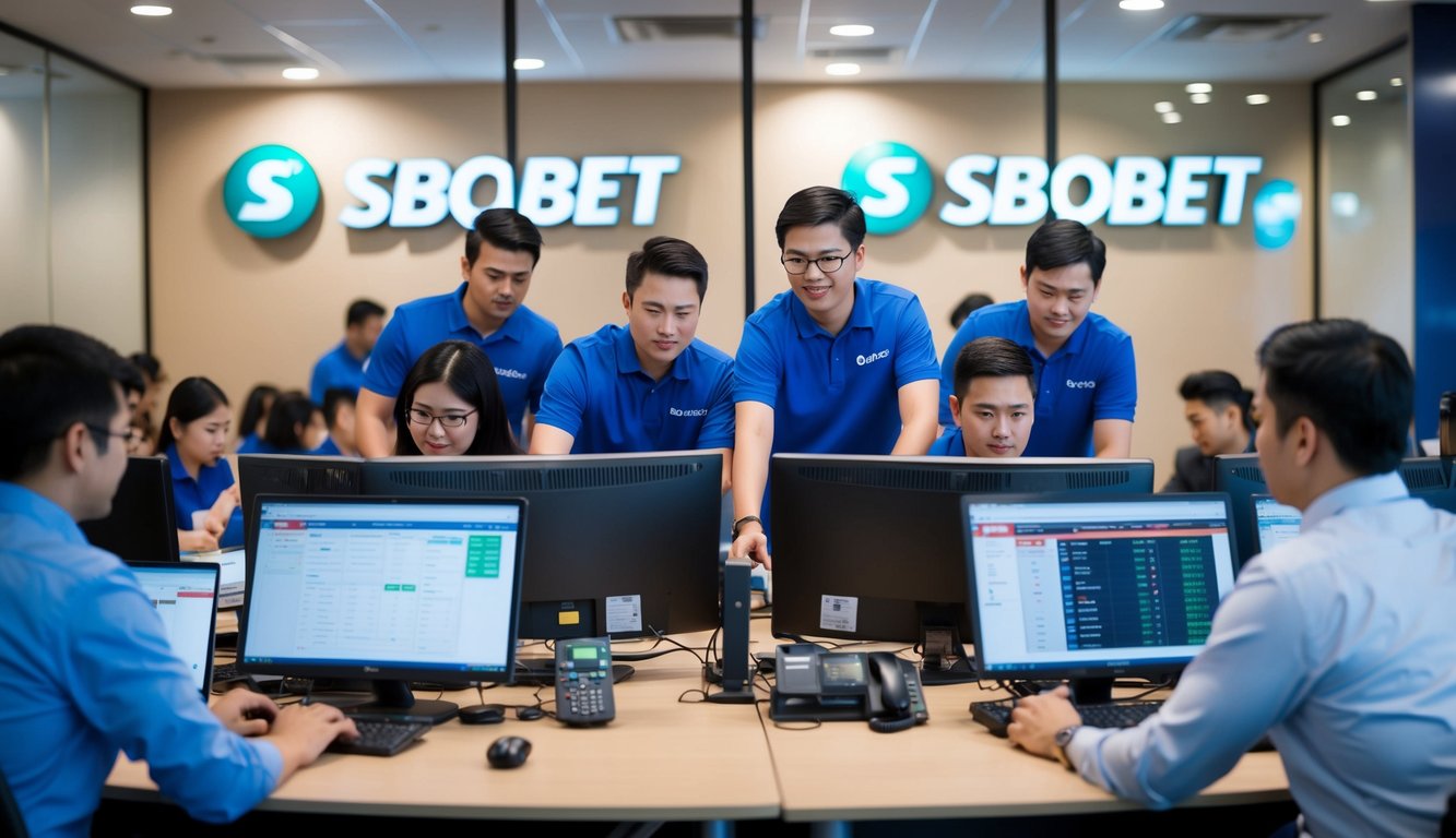 Sebuah pusat layanan pelanggan yang ramai di platform Sbobet, dengan staf yang membantu klien sepanjang waktu