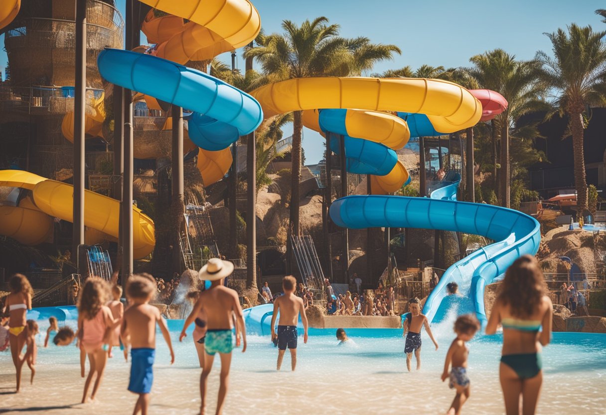 Familias disfrutando de toboganes y piscinas en Playa Aquapark en Santa Susanna, con coloridas sombrillas y risas llenando el aire