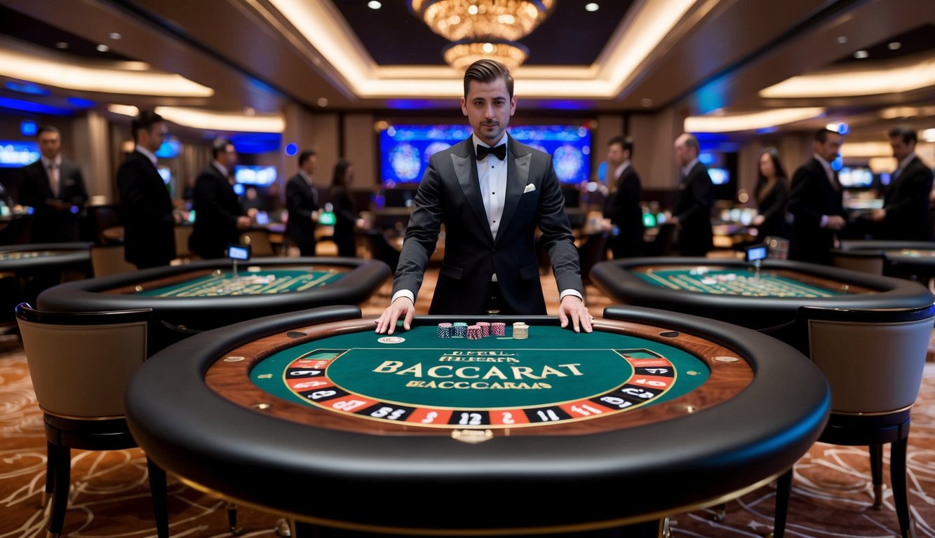 Sebuah meja baccarat online yang ramping dengan dealer langsung, dikelilingi oleh pemain virtual dan dekorasi kasino yang elegan