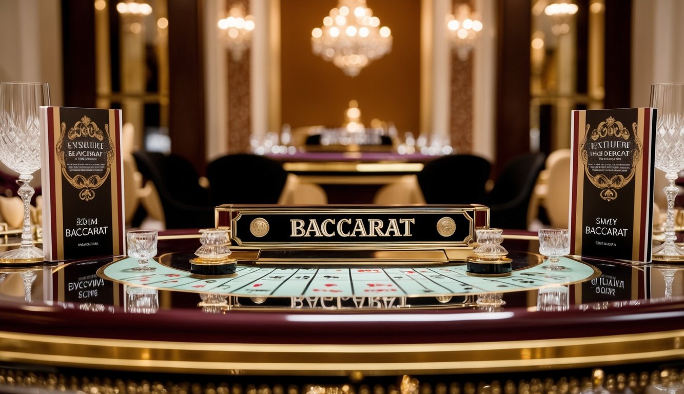 Sebuah meja baccarat mewah dikelilingi oleh dekorasi elegan dan materi promosi eksklusif