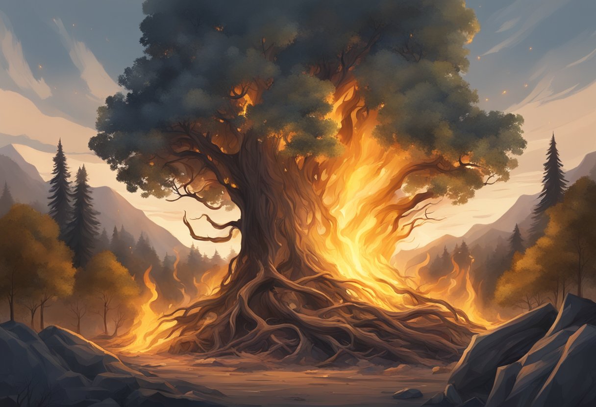 A raging bonfire surrounded by twisting tree roots and rocks, with sparks flying into the air and smoke billowing up into the sky
