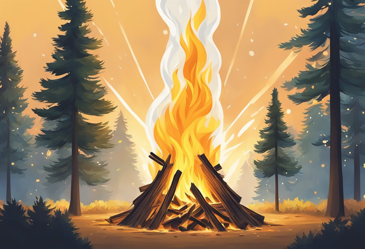 A roaring bonfire surrounded by towering trees, with sparks dancing in the air and the earth crackling underfoot