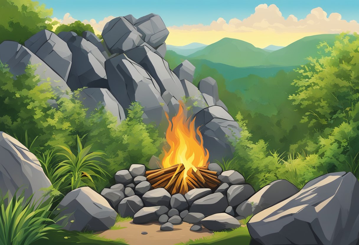 A roaring fire surrounded by sturdy rocks, with vibrant green plants growing from the earth, all under a bright, clear sky
