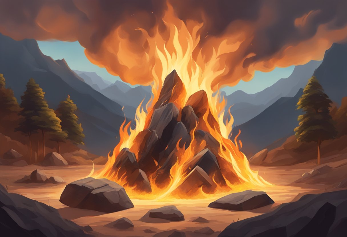 A blazing fire surrounded by earthy rocks, with flames reaching up towards the sky while the earth remains grounded and steady