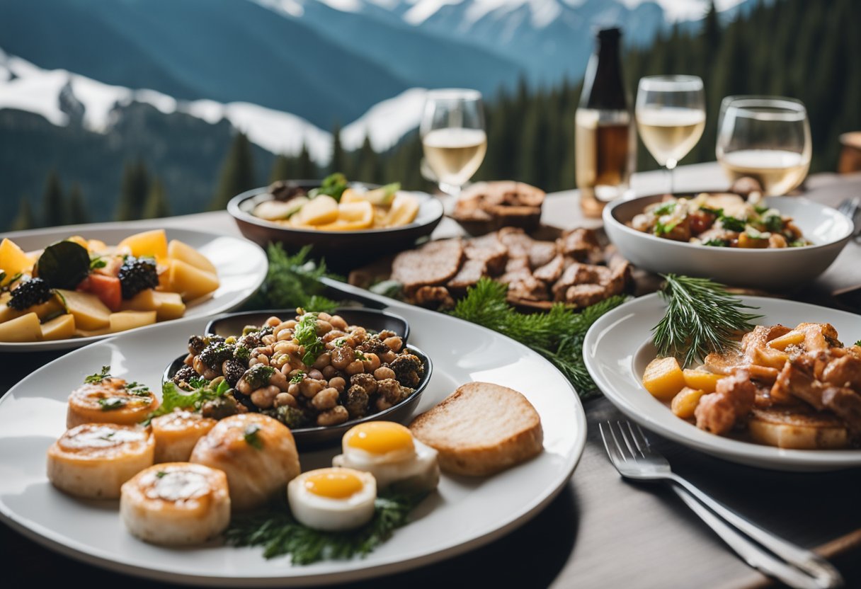 A table spread with 18 keto-friendly dishes at a mountain resort, surrounded by snowy peaks and pine trees