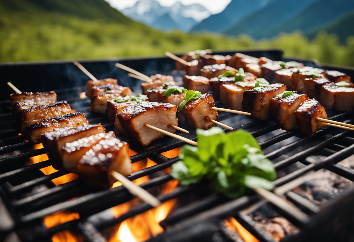 Juicy pork belly skewers sizzling on a grill, surrounded by a rustic mountain resort backdrop