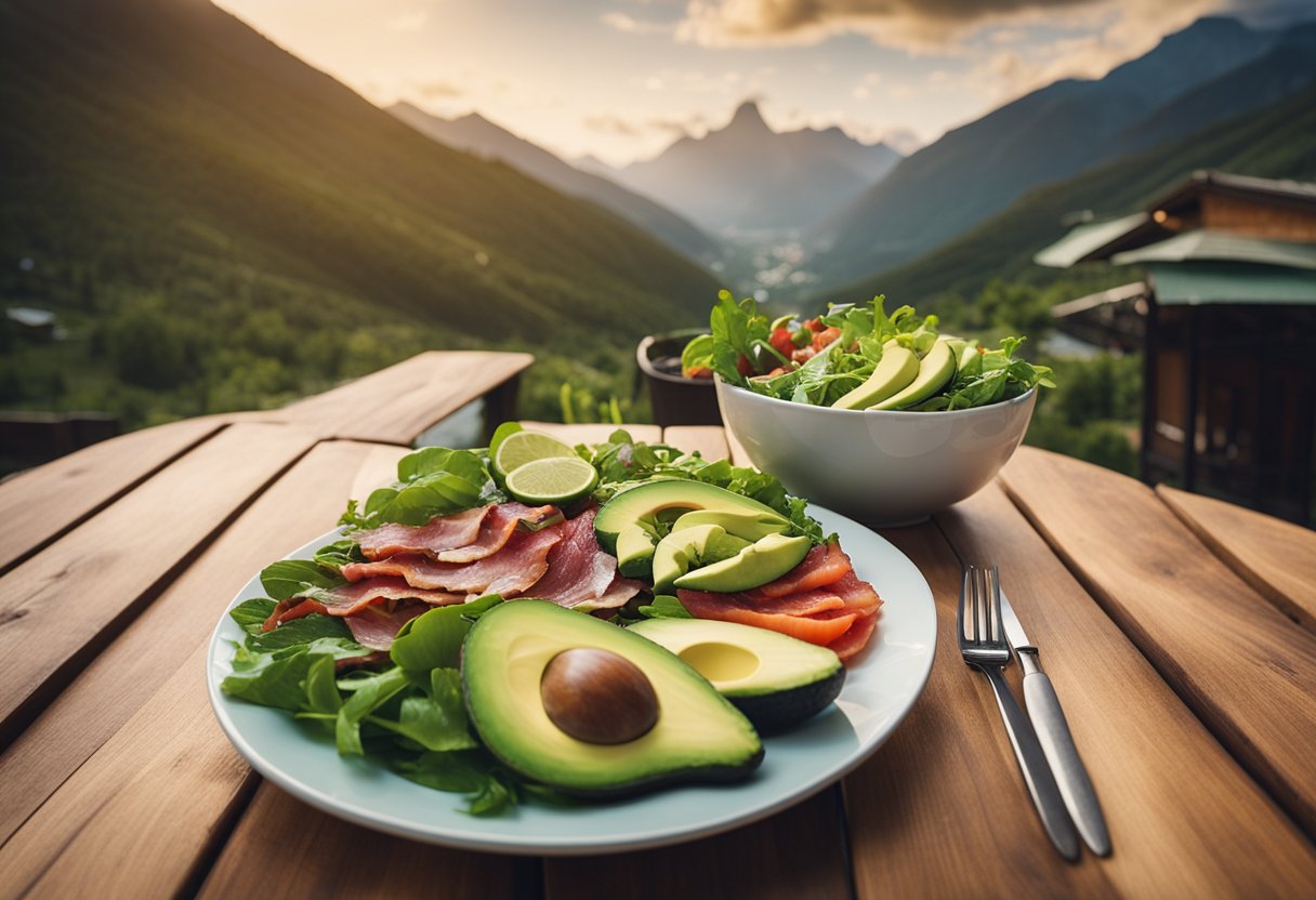 A rustic wooden table with a colorful salad bowl filled with avocado, bacon, and fresh greens, set against a backdrop of a mountain resort