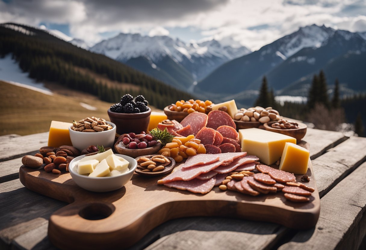 A rustic wooden charcuterie board holds an array of cured meats, cheeses, nuts, and berries, set against a backdrop of a snowy mountain resort