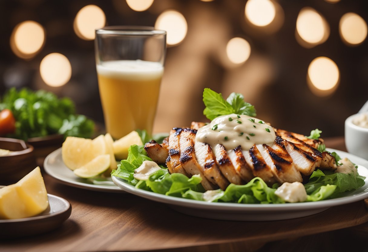 A plate of grilled chicken drizzled with Caesar dressing, surrounded by keto-friendly mountain resort foods