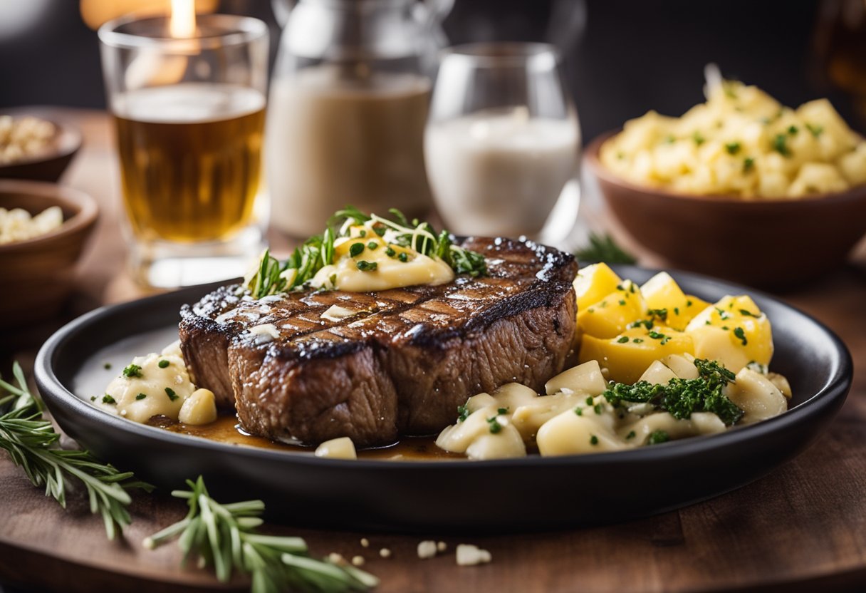 A sizzling ribeye steak topped with melted garlic butter, surrounded by keto-friendly mountain resort foods