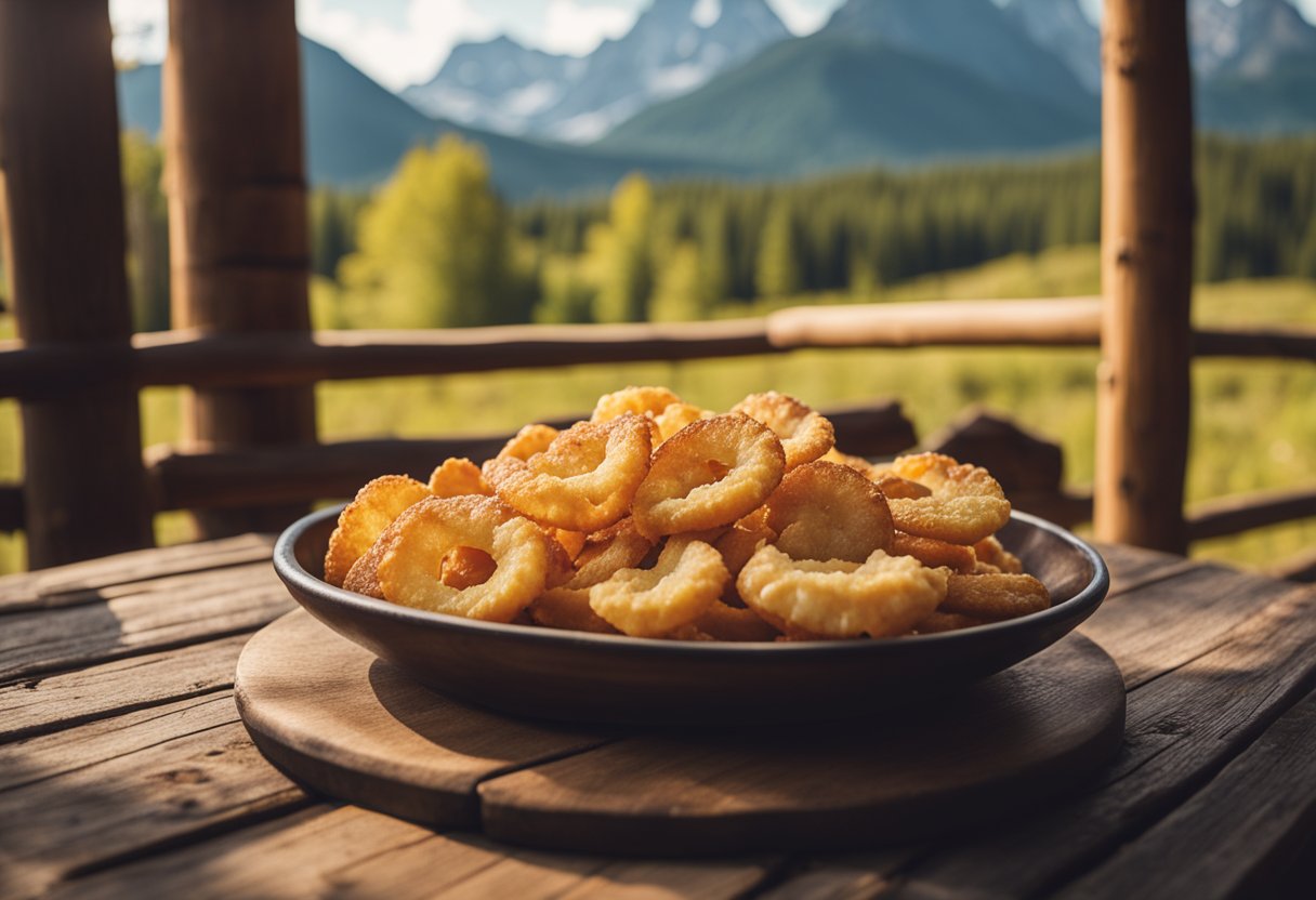 A rustic wooden table displays a platter of spicy pork rinds surrounded by mountainous scenery and a cozy cabin