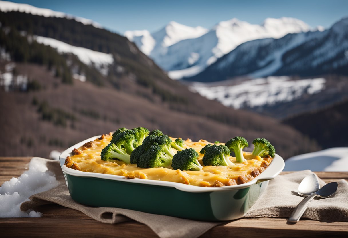 A steaming dish of broccoli and cheddar casserole sits on a rustic wooden table surrounded by snowy mountain scenery