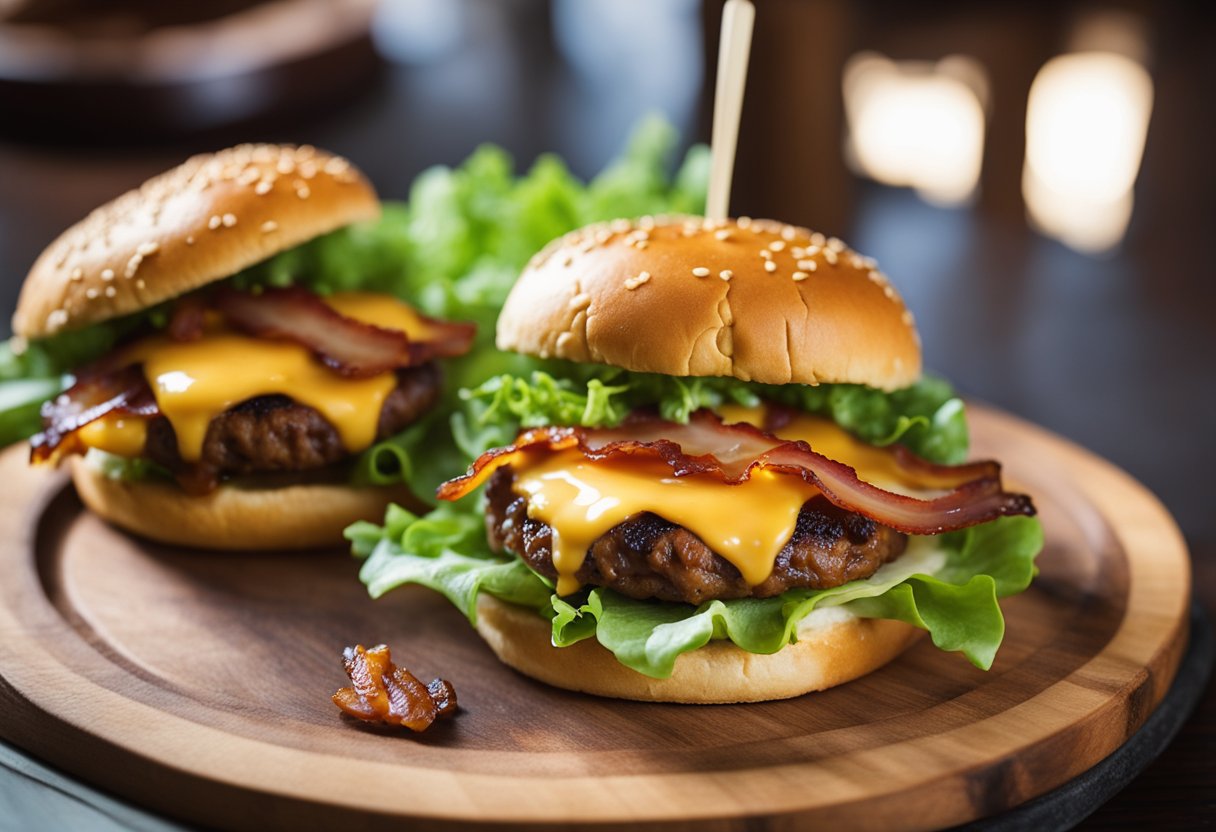 A sizzling bacon cheeseburger with melted cheese, crispy bacon, and fresh lettuce, served without a bun, on a rustic wooden plate at a mountain resort