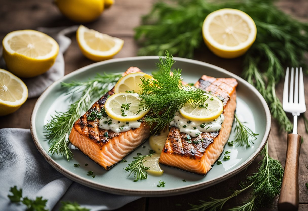 A platter of grilled salmon topped with lemon-dill sauce surrounded by fresh herbs and sliced lemons on a rustic wooden table