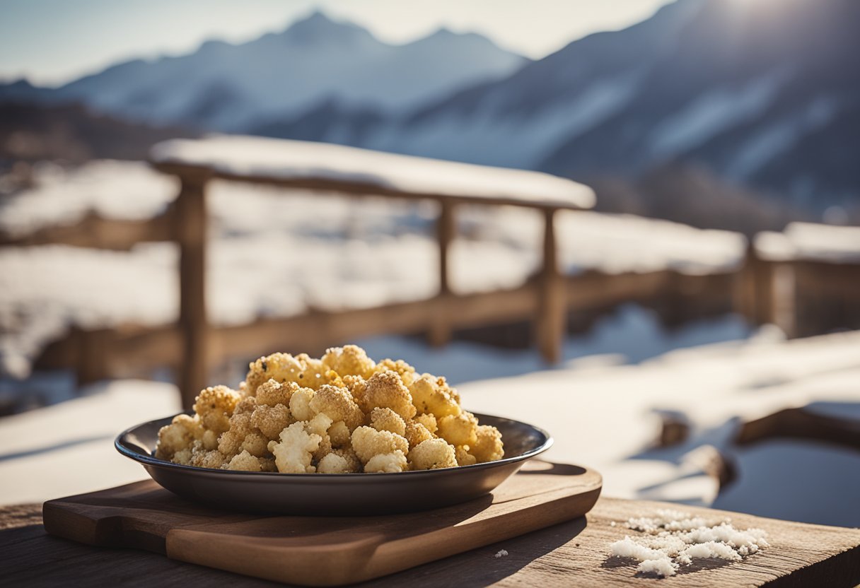 A rustic wooden table with a platter of golden brown roasted cauliflower sprinkled with grated Parmesan cheese, set against a backdrop of snowy mountain peaks