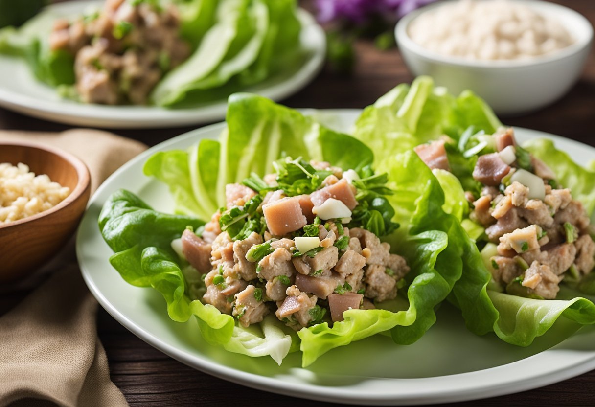 A plate of lettuce wraps filled with tuna salad, surrounded by keto-friendly mountain resort foods