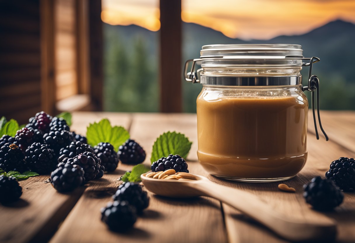 A jar of peanut butter sits next to a bowl of fresh blackberries on a wooden table in a cozy mountain resort cabin