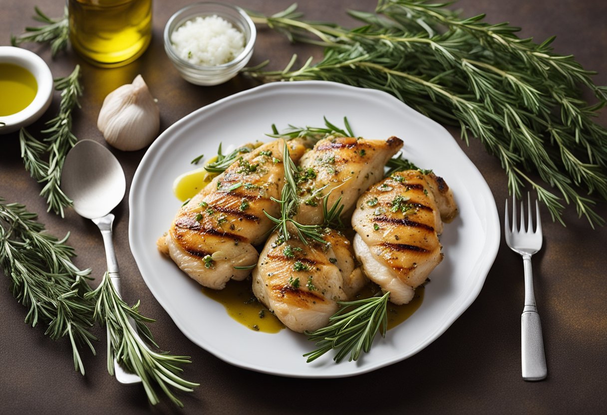 A platter of herb-marinated chicken surrounded by olive oil, rosemary, and thyme