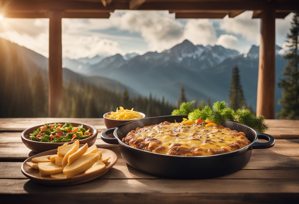 A rustic wooden table set with a steaming Keto Cheeseburger Casserole surrounded by mountains and pine trees