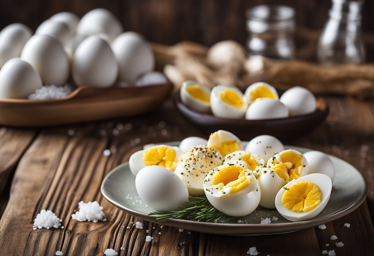 A plate of hard boiled eggs sprinkled with sea salt on a wooden table in a rustic mountain resort setting