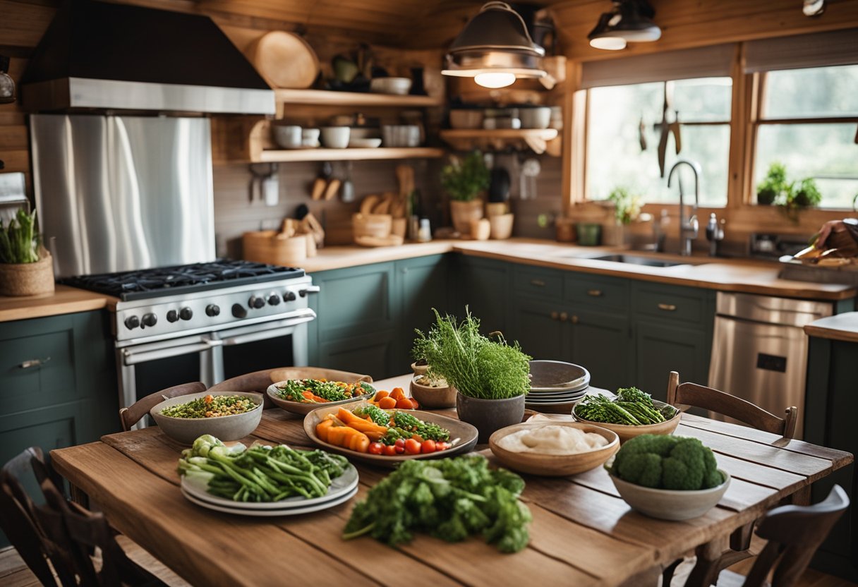 A cozy lakeside cabin kitchen with a rustic wooden table set for a keto meal. Fresh vegetables, grilled meats, and low-carb dishes on display