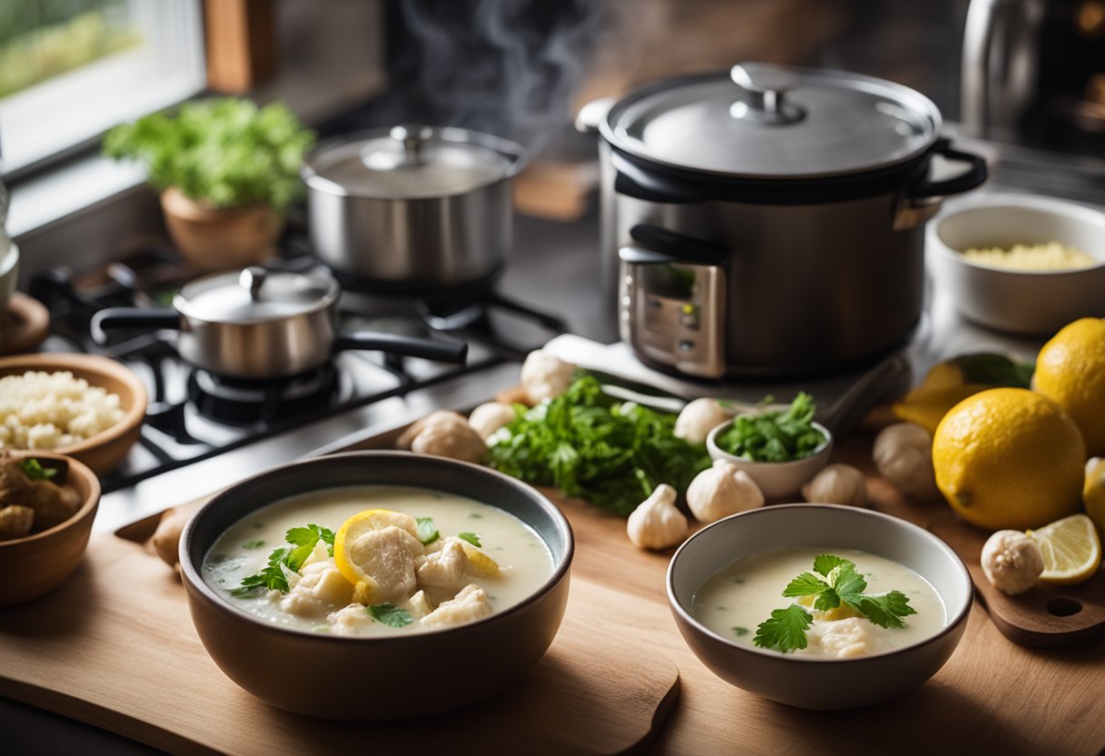 A cozy lake house kitchen with a steaming pot of keto lemon chicken soup simmering on the stove, surrounded by fresh ingredients and a bowl of cauliflower rice