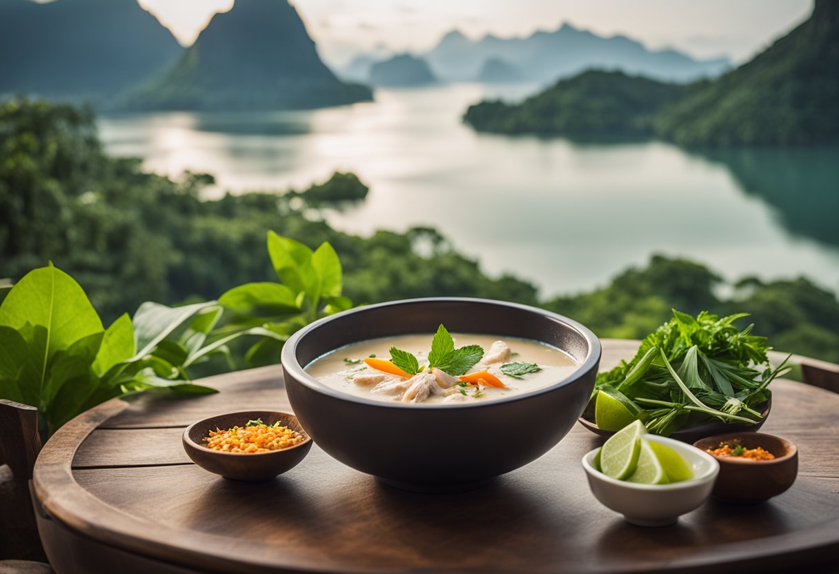 A rustic wooden table with a steaming bowl of Thai coconut chicken soup, surrounded by fresh herbs and spices, set against a serene lake view