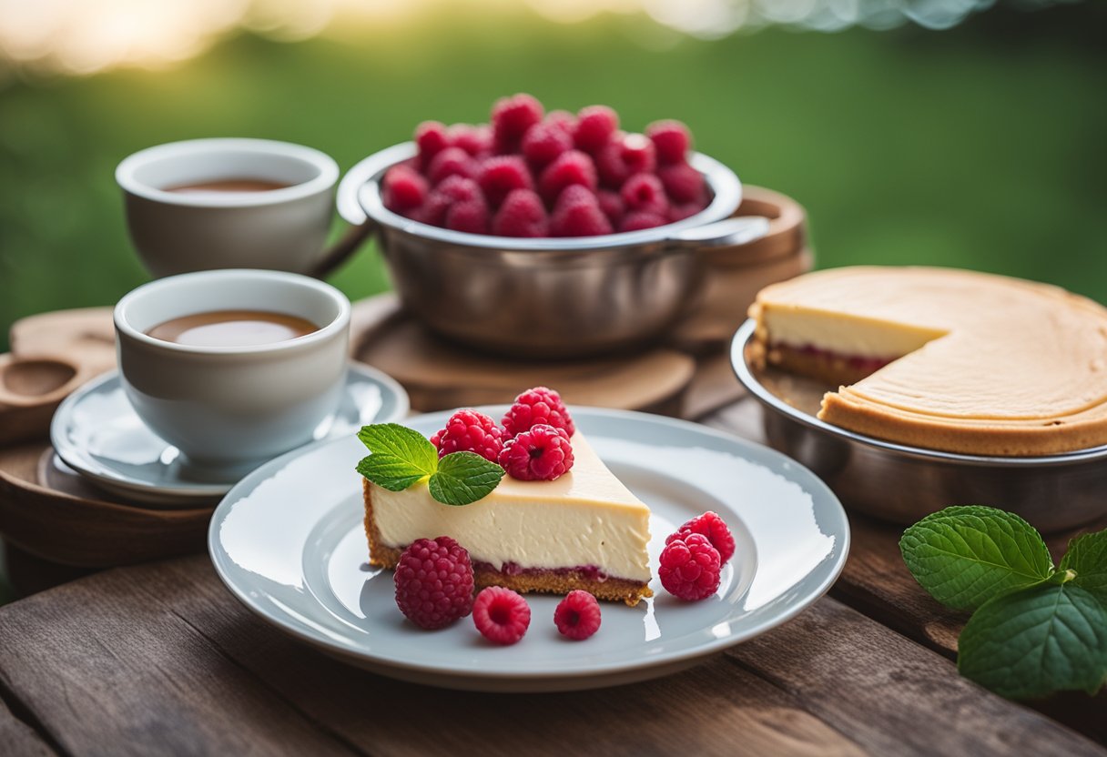 A rustic wooden table set with a raspberry cheesecake, almond butter, and other keto-friendly dishes by a serene lake house