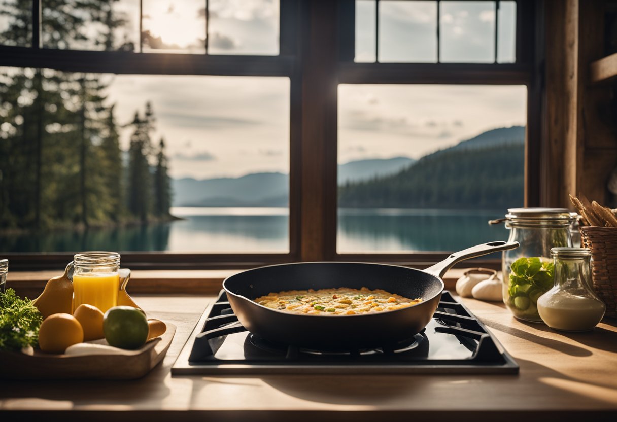 A rustic kitchen with a large skillet sizzling on the stove, filled with a golden-brown cottage cheese frittata. A view of a serene lake through the window