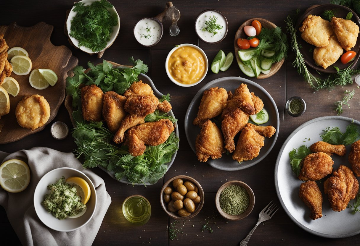 A rustic lake house kitchen with a platter of golden, crispy keto fried chicken surrounded by fresh herbs and low-carb side dishes