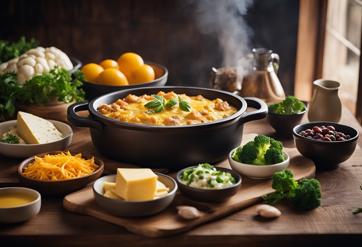 A rustic wooden table set with a steaming, golden-brown casserole dish surrounded by various keto-friendly ingredients like cheese, chicken, and vegetables